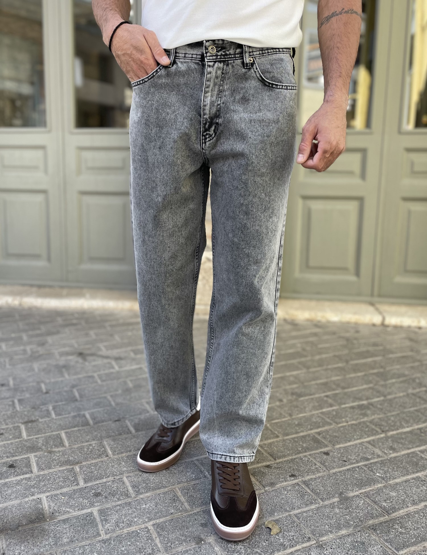 Ανδρικό γκρι Loose τζιν ελαστικό πεντάτσεπο με φερμουάρ G81091 φωτογραφία